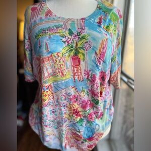 Talbots Scenic Print Cotton Top 3X Coastal Grandmother Nantucket Cottage Beachy